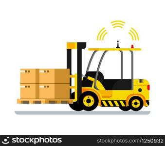 Yellow Automatic Delivery Forklift Car Full of Box. Storage Shipping Transportation Equipment. Mechanical Loader Driving Package. Signal Radar is Working. Flat Cartoon Vector Illustration. Yellow Automatic Delivery Forklift Car Full of Box
