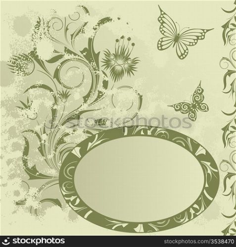 Yellow background with abstract green flowers and branches