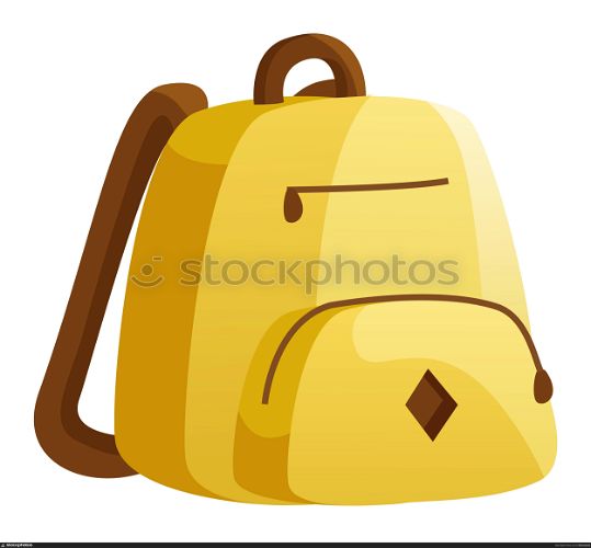 Yellow backpack, teenager casual accessory. Transporting educational materials to and from school, college or university. Pocket in front in addition to main storage compartment. Vector illustration. Backpack for School and College, Casual Rucksack