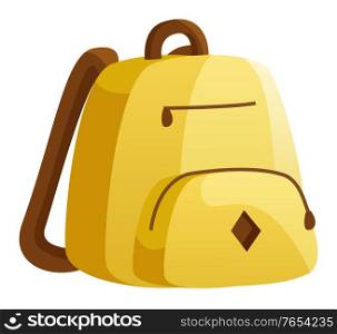 Yellow backpack, teenager casual accessory. Transporting educational materials to and from school, college or university. Pocket in front in addition to main storage compartment. Vector illustration. Backpack for School and College, Casual Rucksack
