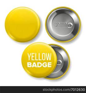 Yellow Badge Mockup Vector. Pin Brooch Yellow Button Blank. Two Sides. Front, Back View. Branding Design Realistic Illustration. Yellow Badge Mockup Vector. Pin Brooch Yellow Button Blank. Two Sides. Front, Back View. Branding Design 3D Realistic Illustration