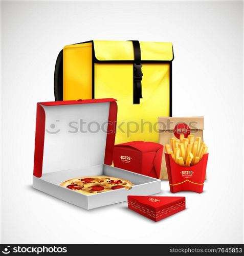 Yellow bag food delivery realistic composition with pizza in carton fried potato and bakery in branded packaging vector illustration