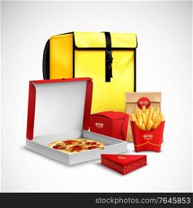 Yellow bag food delivery realistic composition with pizza in carton fried potato and bakery in branded packaging vector illustration