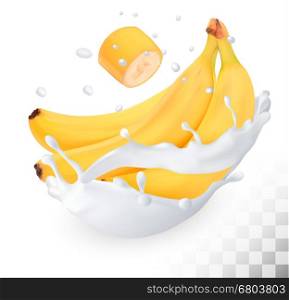 Yellow banana in a milk splash on a transparent background. Vector.