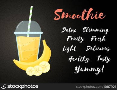 Yellow banana smoothie vitamin drink vector illustration. Tasty natural fruit, straw and glass with yellow layers of smoothies cocktail. Horizontal poster, sign Smoothie for healthy detox web banner. Yellow banana smoothie fruit vitamin drink banner