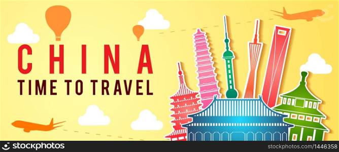 yellow banner of China famous landmark silhouette colorful style,plane and balloon fly around with cloud,vector illustration