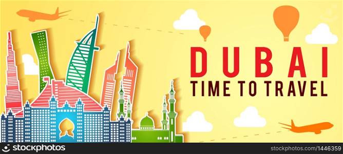 yellow banner of Dubai famous landmark silhouette colorful style,plane and balloon fly around with cloud,vector illustration
