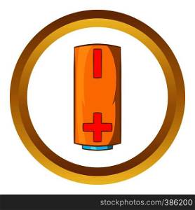 Yellow battery vector icon in golden circle, cartoon style isolated on white background. Yellow battery vector icon