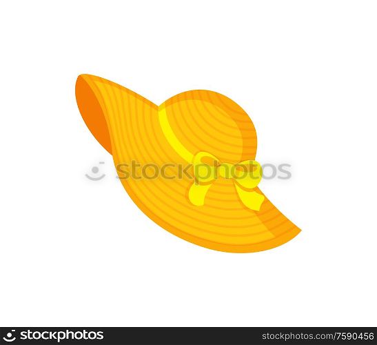 Yellow beach hat decorated by ribbon and bow, headgear for women. Bright headdress in flat style, element for decoration, summer straw hat vector. Bright Headdress in Flat Style, Beach Hat Vector