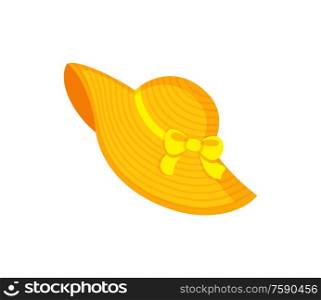 Yellow beach hat decorated by ribbon and bow, headgear for women. Bright headdress in flat style, element for decoration, summer straw hat vector. Bright Headdress in Flat Style, Beach Hat Vector