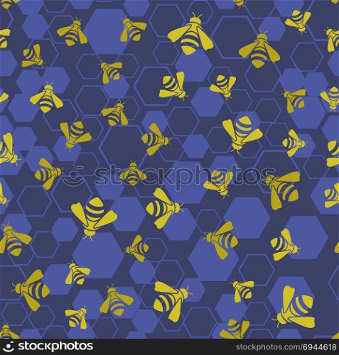Yellow Bee Seamless Pattern on Blue Background. Bee Seamless Pattern