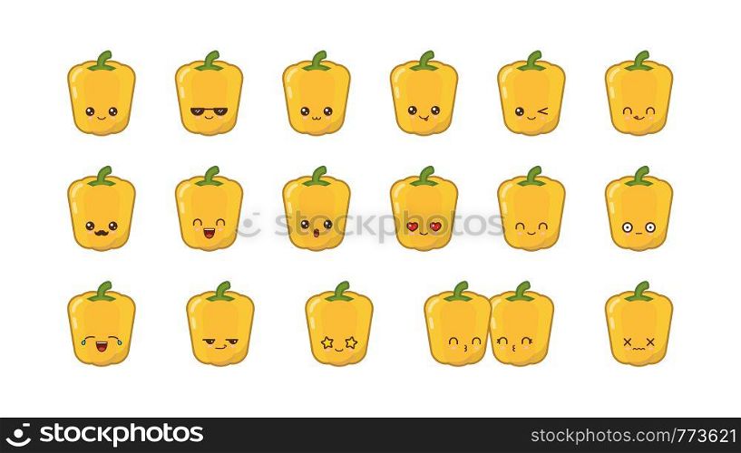 Yellow bell pepper cute kawaii mascot. Set kawaii food faces expressions smile emoticons.