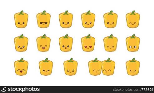 Yellow bell pepper cute kawaii mascot. Set kawaii food faces expressions smile emoticons.