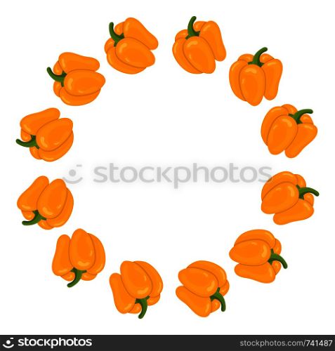 Yellow Bell Pepper Wreath. Fresh Vegetables isolated on white background. Circle Frame from Pepper for Market, Recipe Design. Cartoon Flat Style. Vector illustration for Your Design, Web.