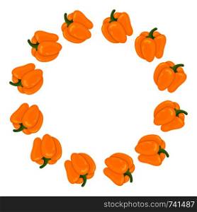 Yellow Bell Pepper Wreath. Fresh Vegetables isolated on white background. Circle Frame from Pepper for Market, Recipe Design. Cartoon Flat Style. Vector illustration for Your Design, Web.