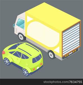 Yellow big truck and small green passenger car with on grey background. Vehicle on road. Transportation and delivery services, logistics, vector illustration in 3d isometric style. Big Yellow Truck and Green Passenger Car Vector
