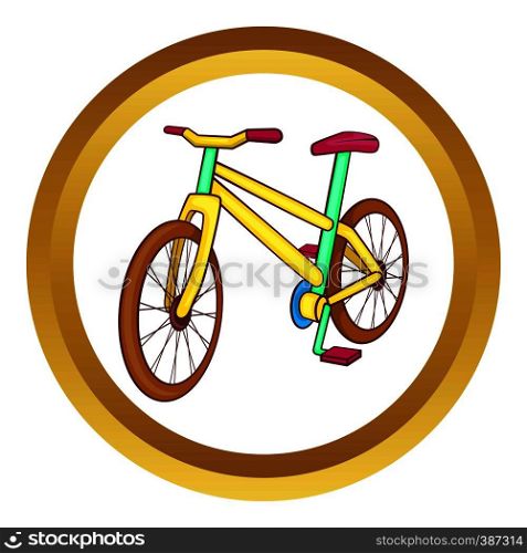 Yellow bike vector icon in golden circle, cartoon style isolated on white background. Yellow bike vector icon