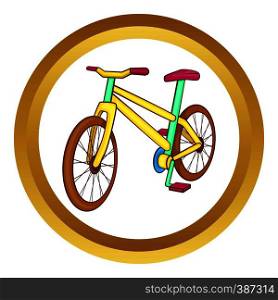 Yellow bike vector icon in golden circle, cartoon style isolated on white background. Yellow bike vector icon