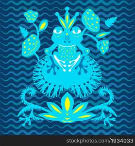 Yellow blue frog with crown on a pond with lilies and leaves. decor pattern. Paper cut flat style. Fabric decoration. Print for clothes. Textile design. Hand-drawn cute character. Vector illustration. Yellow blue frog with crown on a pond with lilies and leaves. Decor pattern. Paper cut flat style. Fabric decoration. Print for clothes. Textile design. Hand-drawn cute character. Vector