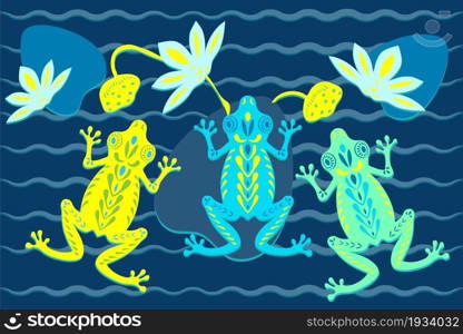 Yellow blue green frogs on a pond with lilies and leaves. decor pattern. Paper cut flat style. Fabric decoration. Print for clothes. Textile design. Hand-drawn cute character. Vector illustration. Yellow blue green frogs on a pond with lilies and leaves. Decor pattern. Paper cut flat style. Fabric decoration. Print for clothes. Textile design. Hand-drawn cute character. Vector