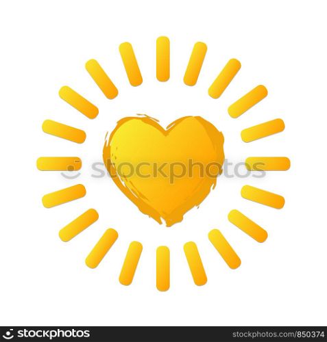 Yellow bright sun icon in heart shape on white. Stock vector illustration