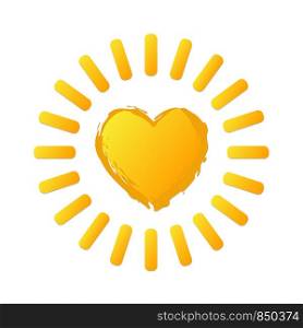 Yellow bright sun icon in heart shape on white. Stock vector illustration