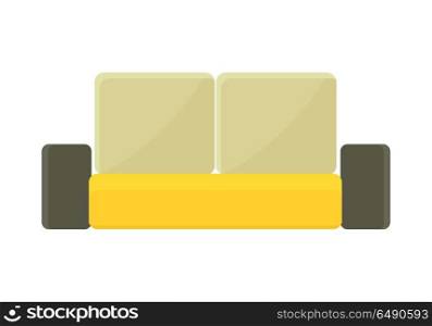 Yellow - Brown Sofa. Yellow - brown sofa. Two-colored fabric couch. Sofa furniture icon. Sofa icon. Furniture element for office and home interior. Isolated object on white background. Vector illustration.