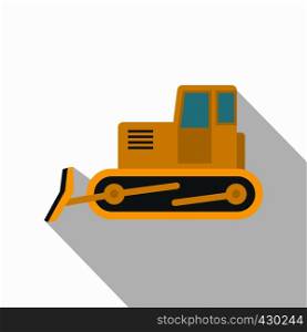 Yellow bulldozer con. Flat illustration of yellow bulldozer vector icon for web. Yellow bulldozer icon, flat style