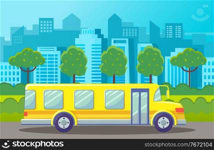 Yellow bus at road at city background with silhouettes of urban buildings, architecture. Urban transport. Green trees and bushes at sidewalk. Bus for tourists or school bus. Vehicle, transportation. Yellow bus at road at city background with silhouettes of urban buildings, urban transport