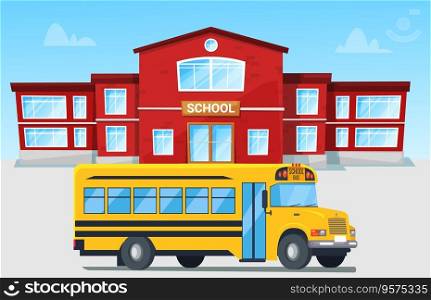 Yellow bus in front school building vector image