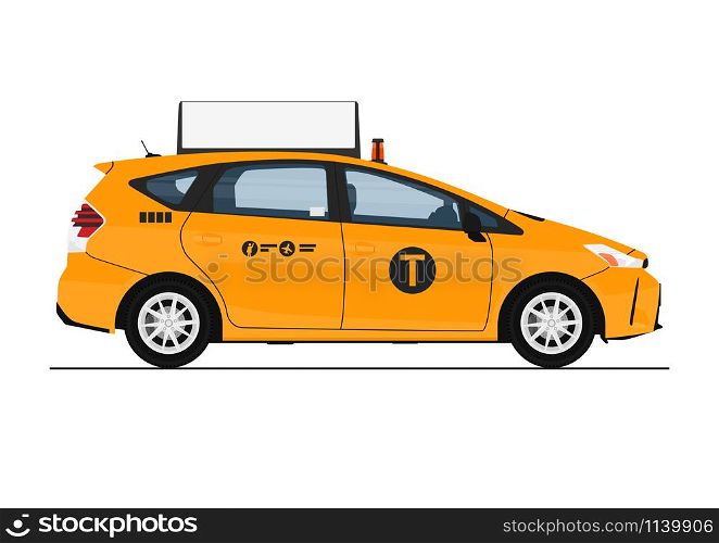 Yellow cab. Modern taxi in yellow. Side view. Flat vector.