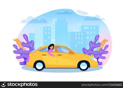 Yellow Cab Service. Woman Tourist in Sedan Cartoon Illustration in Trend Color. Urban Carpool Transportation. Passenger in Back Sit of Taxi. Business Town Building Sityscape. Flat Character Flyer.. Yellow Cab Service. Woman Tourist in Sedan Cartoon