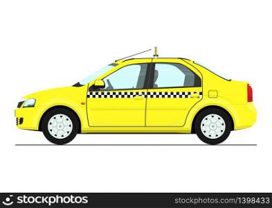 Yellow cab. Side view of modern cartoon taxi in yellow. Flat vector.