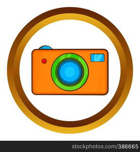 Yellow camera vector icon in golden circle, cartoon style isolated on white background. Yellow camera vector icon