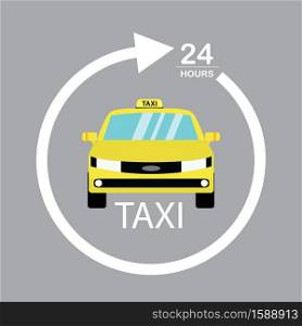 Yellow car and taxi service,Arrow and 24 hours text,cartoon vector illustration. Yellow car and taxi service
