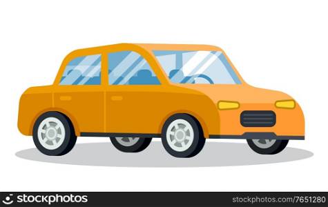 Yellow car closeup. Isolated transport of yellow color with noone inside. Traveling and transportation. Taxi cab for commuting. Retro fashioned vehicle front view. Vector in flat style illustration. Yellow Car Retro Vehicle Moving Forward Vector