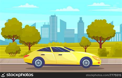 Yellow car drive on road in city against tall buildings and alley with large trees. Urban road summertime flat vector illustration. Car tourism, family auto trip, journey, automobile transport. Yellow car drive on road against tall buildings and alley with green trees, automobile transport