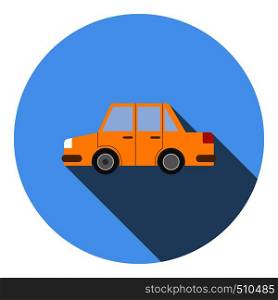 Yellow car icon in flat style in blue circle with shadow. Side view. Yellow car icon, flat style