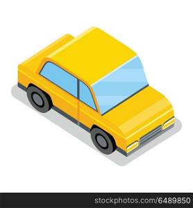 Yellow Car Icon. Yellow car icon. Yellow city car with shadow. City service transport. Isometric car web infographic. Modern vehicle. City isometric object in flat. Isolated vector illustration on white background.