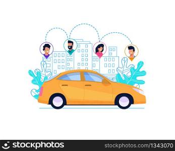 Yellow Car on Route in City. Flat Geolocation Icon Pointer of Travel Companion. Line Cityscape with Building. Modern Economy Automobile Rent. Vector Carsharing Cartoon Illustration.. Yellow Car on Route in City. Carsharing Cartoon.