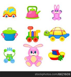Yellow car, pink kettle, cute rabbit, toy saucepan, colorful train, turtle on wheels, frog beanbag, fluffy bunny and small boat vector illustrations.. Colorful Toys for Preschoolers Illustrations Set