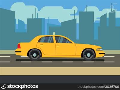 Yellow car taxi cab in cityscape vector illustration. Yellow car taxi cab in cityscape vector illustration. Transportation service on road