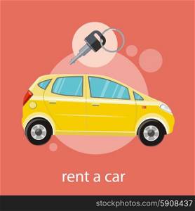 Yellow car with a key. Rent a car concept in flat design cartoon style on stylish background. Rent a car
