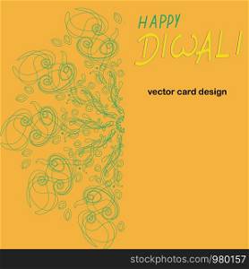 Yellow card template with handwritten happy diwali note. Green outline rangoli design. Vector illustration.. Yellow card template with handwritten happy diwali note.