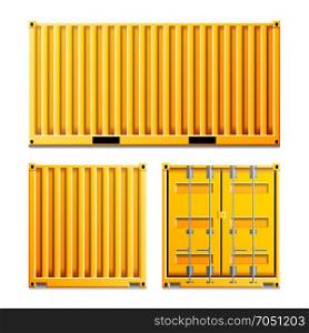 Yellow Cargo Container Vector. Realistic Metal Classic Cargo Container. Freight Shipping Concept. Logistics, Transportation Mock Up. Two Sides. Isolated On White Background Illustration. Cargo Container Vector. Classic Cargo Container. Freight Shipping Concept. Logistics, Transportation Mock Up. Front And Back Sides. Isolated On White Background Illustration