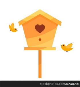 Yellow Cartoon birdhouse on a white background with two birds. Isolate. Bird house with &#xA;the heart. Symbol of family happiness. Stock vector