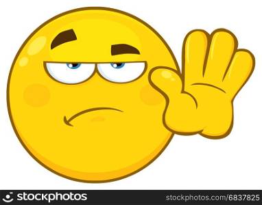 Yellow Cartoon Emoji Face Character Gesturing Stop. Illustration Isolated On White Background