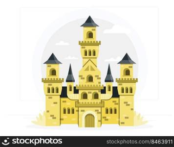 Yellow castle with black roof, high towers and grating on windows