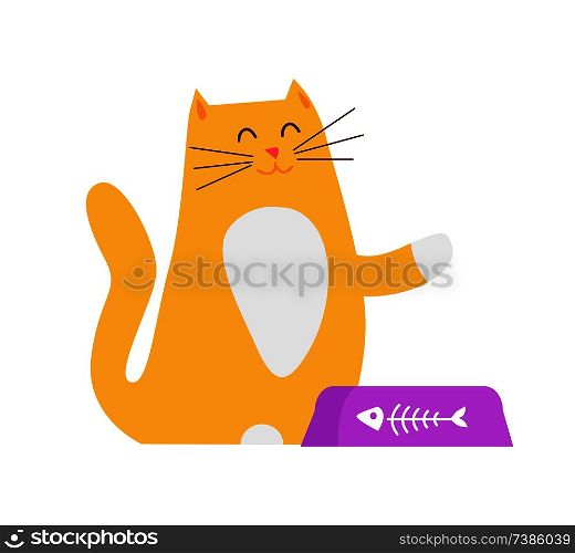 Yellow cat asking for food raising one paw in air, smiling happy to see masters, pet sitting by bowl with fish skeleton image, vector illustration. Yellow Cat Asking for Food Vector Illustration