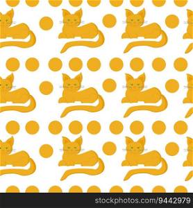 Yellow cats and dots seamless pattern, bright cats and dots in horizontal rows on a white background vector illustration